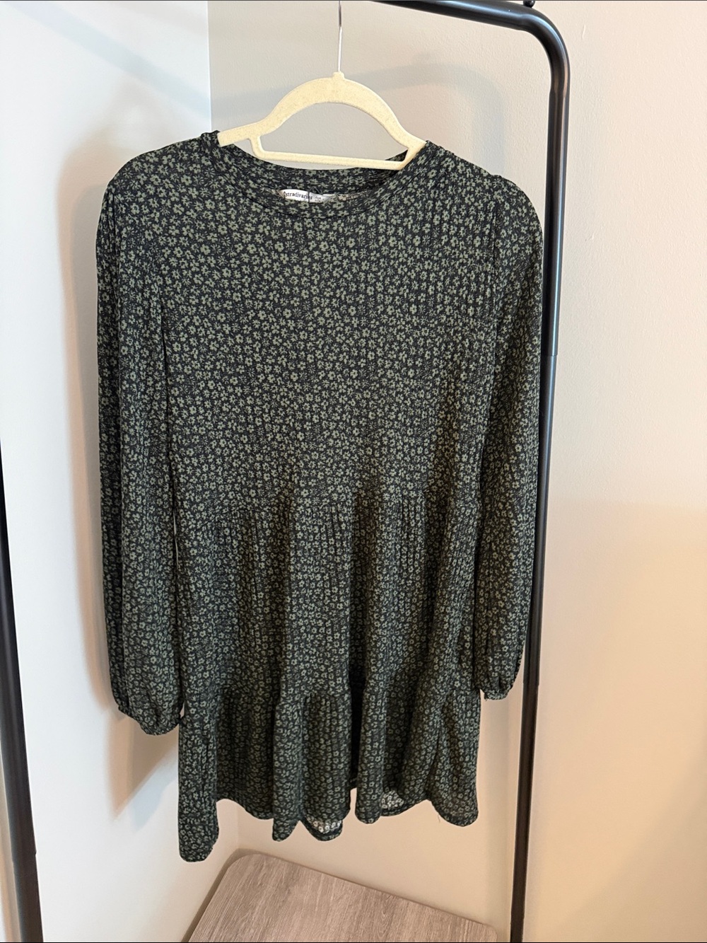 stradivarius Dark Green Floral Long Sleeve Tiered Mini Dress